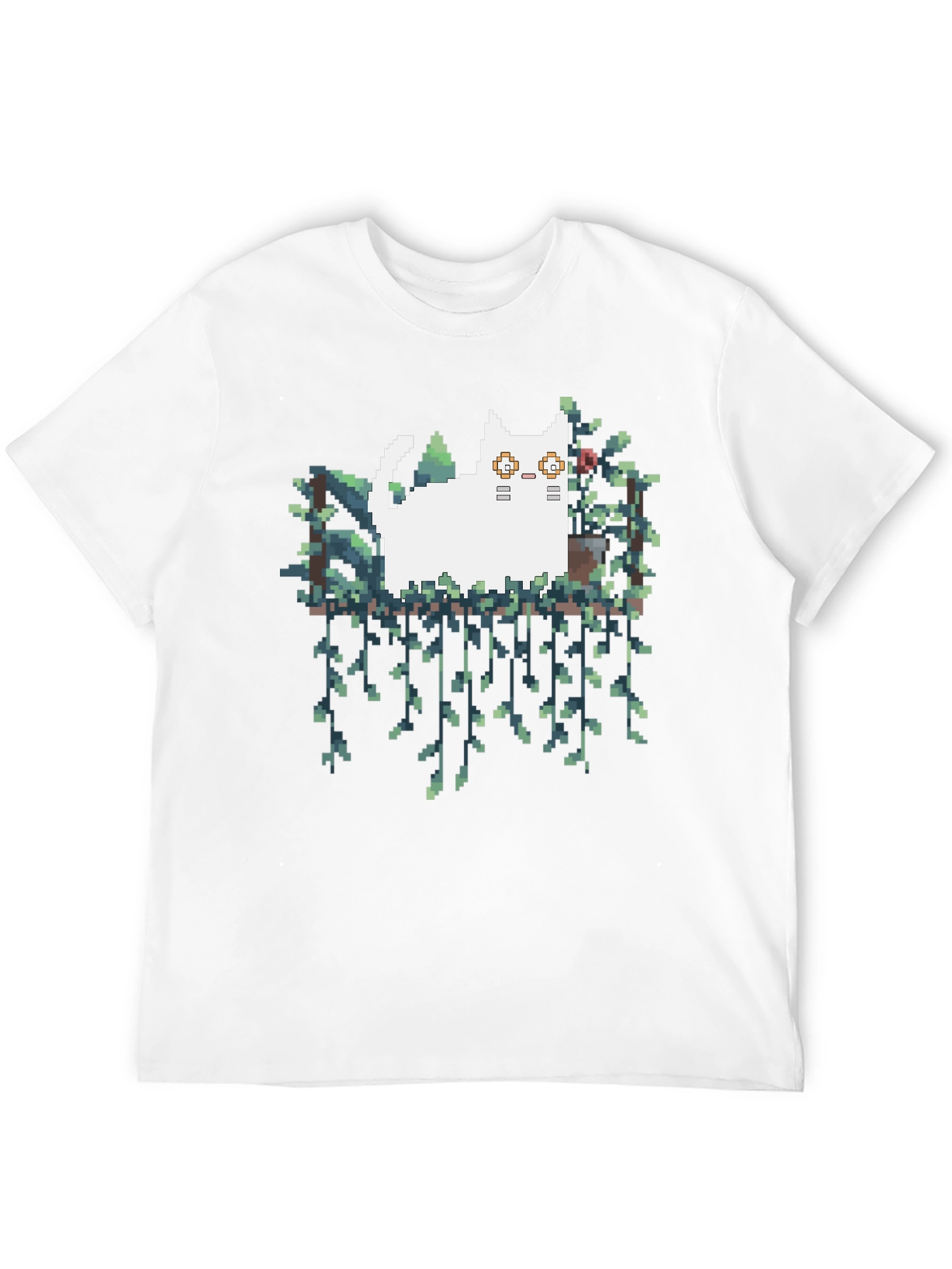 Pixel Cat & Plants Black T-Shirt