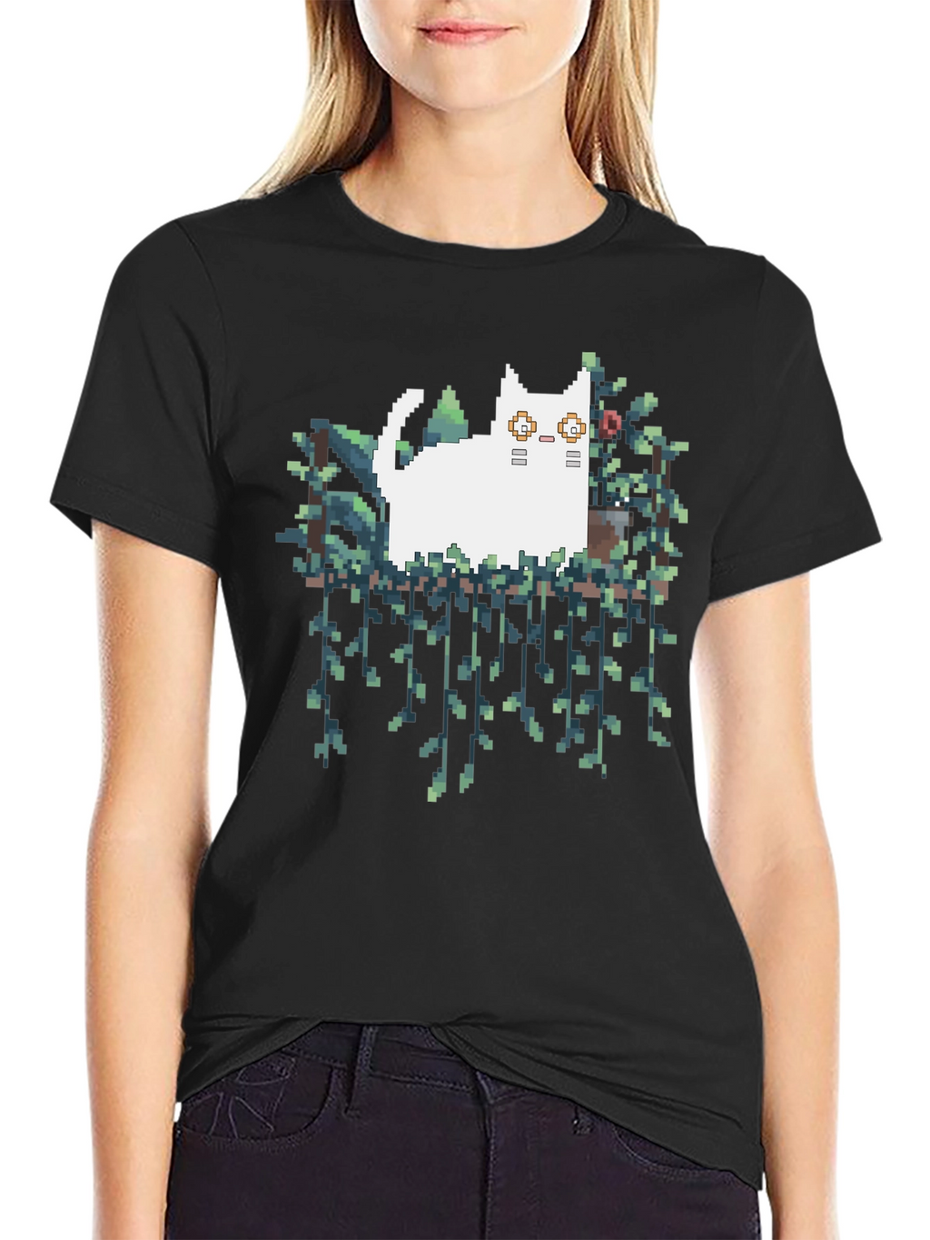 Pixel Cat & Plants Black T-Shirt