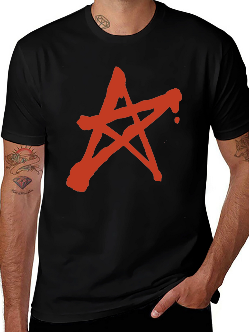 Red Star Graphic Print Black T-Shirt