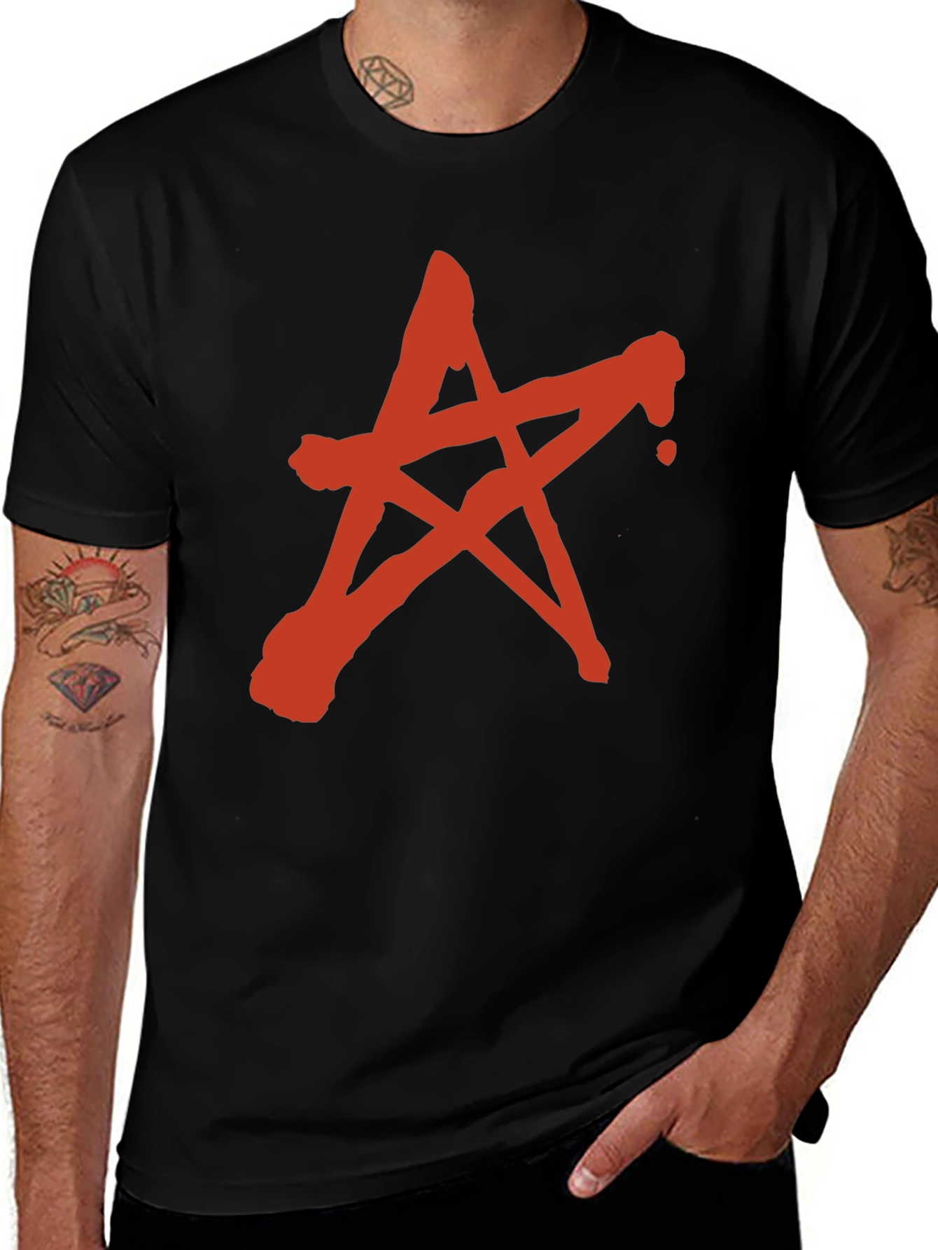 Red Star Graphic Print Black T-Shirt
