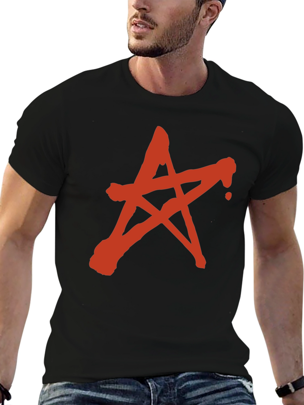 Red Star Graphic Print Black T-Shirt