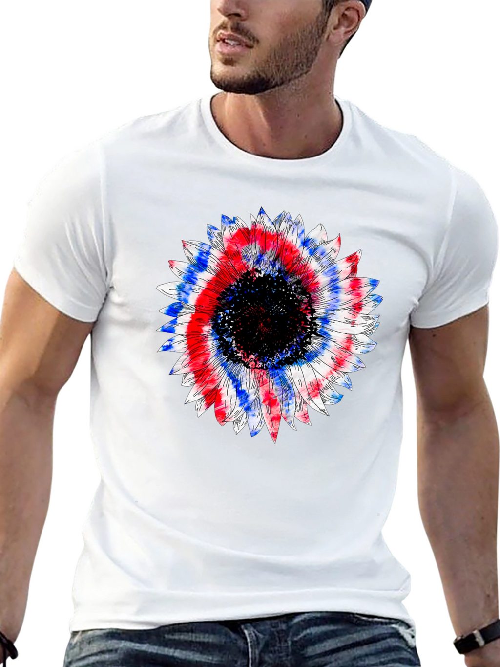 Patriotic Sunflower Graphic Tee - Black Cotton T-Shirt
