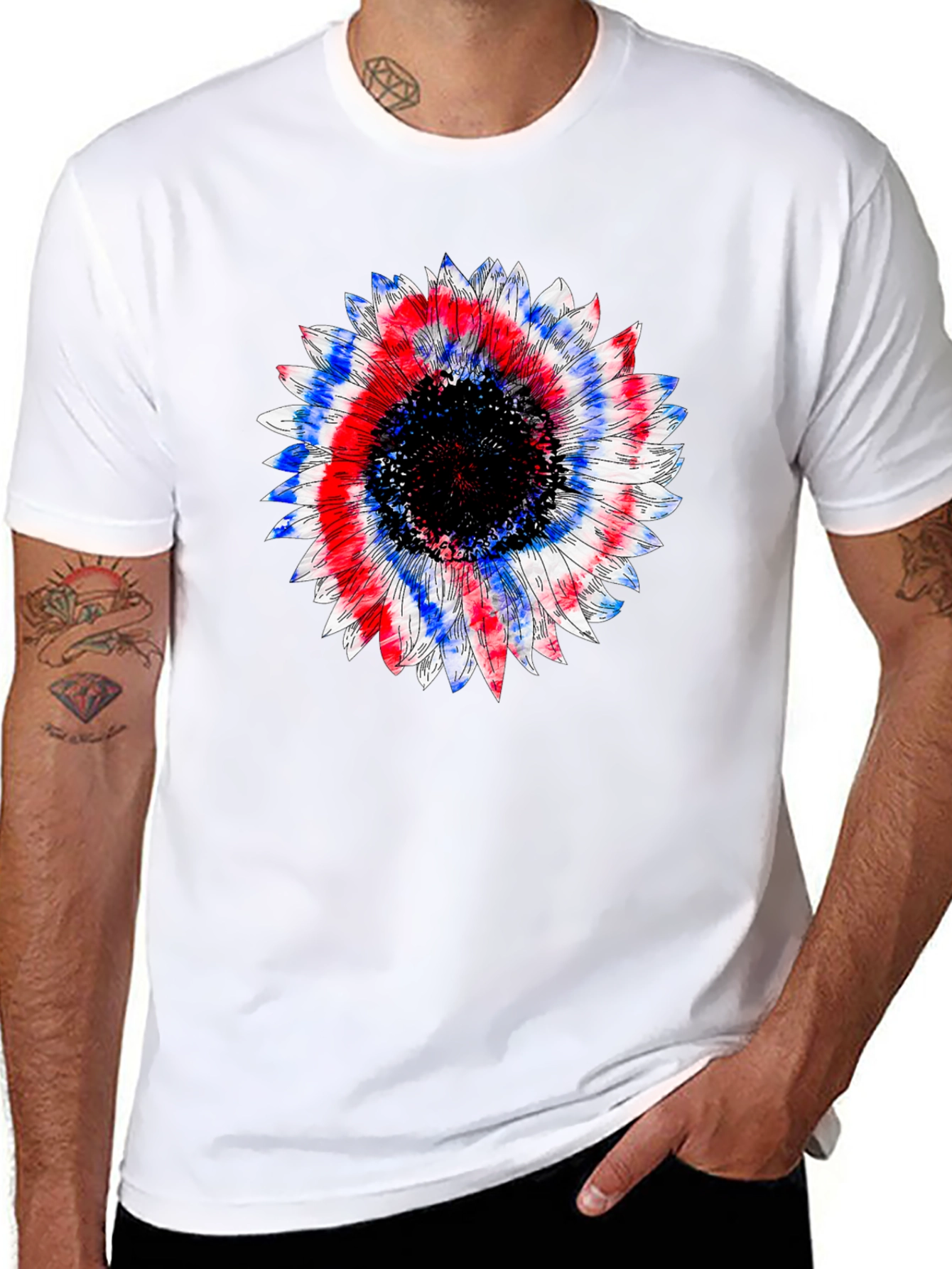 Patriotic Sunflower Graphic Tee - Black Cotton T-Shirt