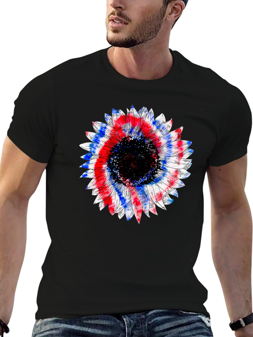 Patriotic Sunflower Graphic Tee - Black Cotton T-Shirt