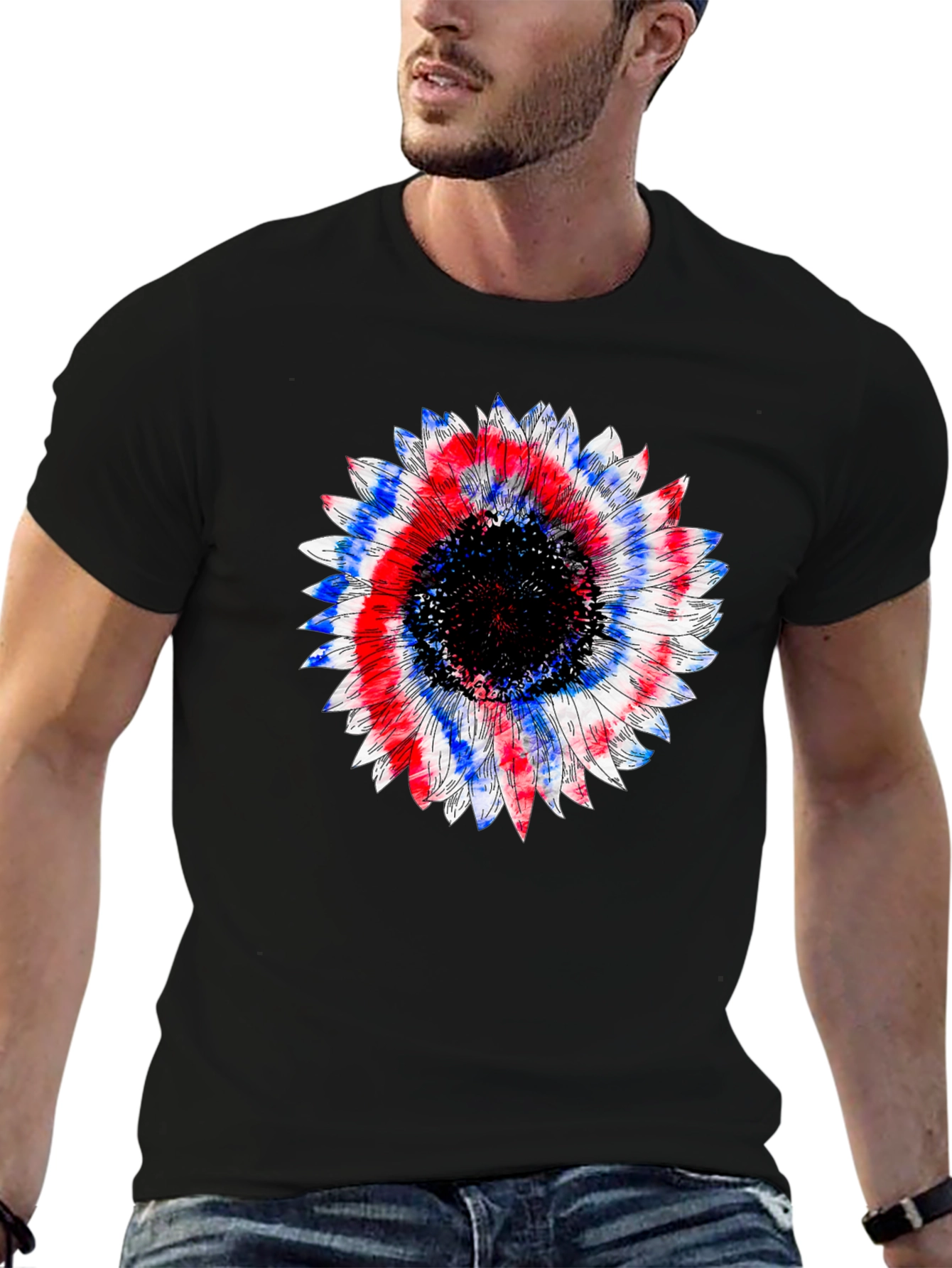 Patriotic Sunflower Graphic Tee - Black Cotton T-Shirt