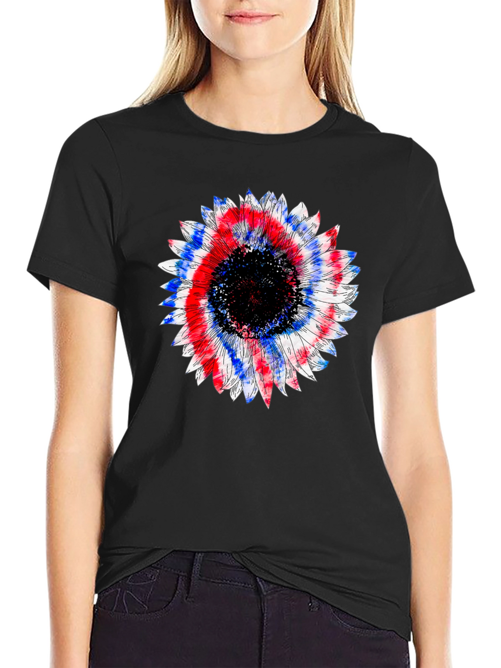 Patriotic Sunflower Graphic Tee - Black Cotton T-Shirt