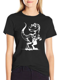 Black T-Shirt with Cartoon Dinosaur Graphic