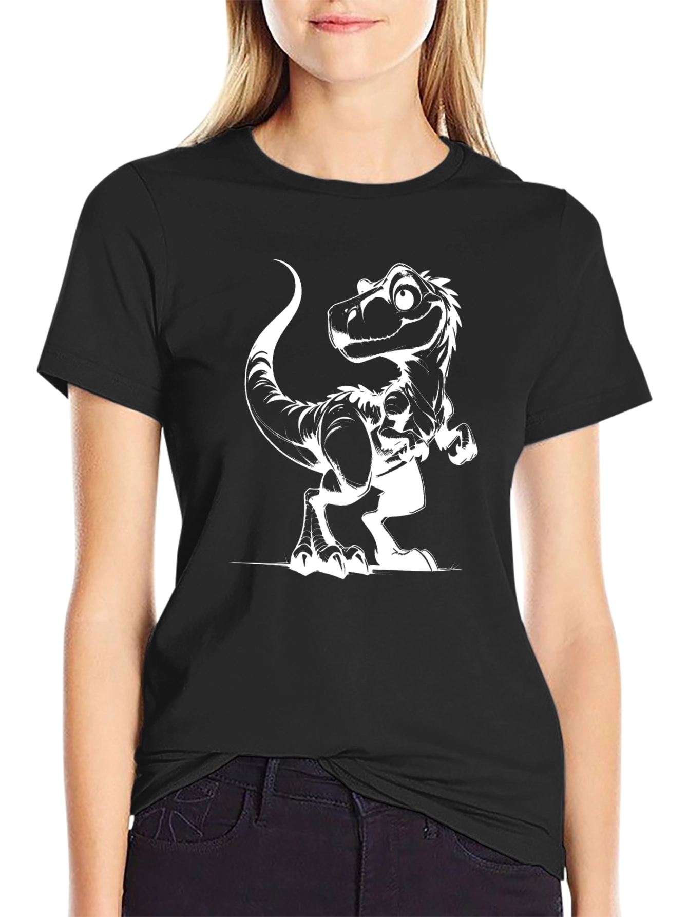 Black T-Shirt with Cartoon Dinosaur Graphic