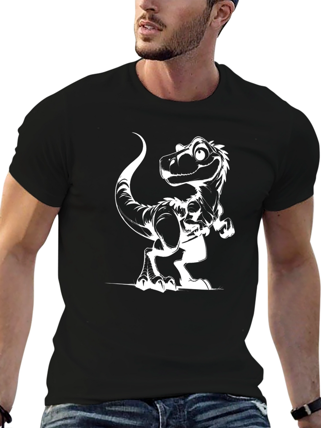 Black T-Shirt with Cartoon Dinosaur Graphic