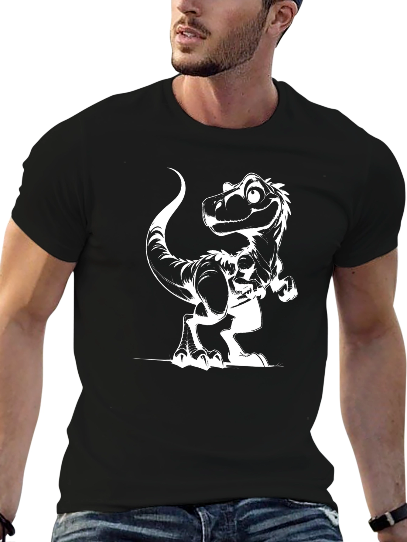Black T-Shirt with Cartoon Dinosaur Graphic