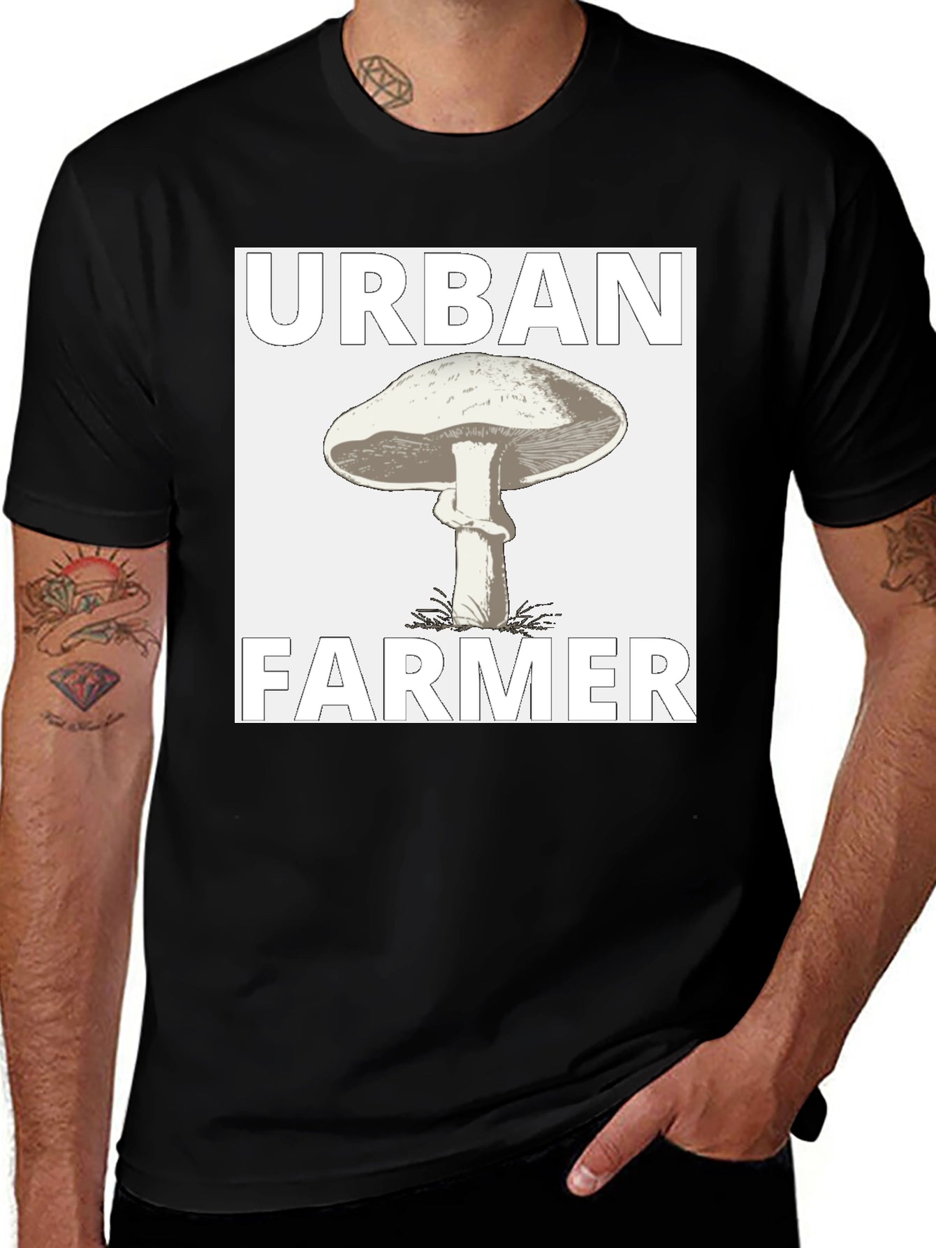 Urban Farmer Mushroom Graphic Tee - Black Cotton Shirt