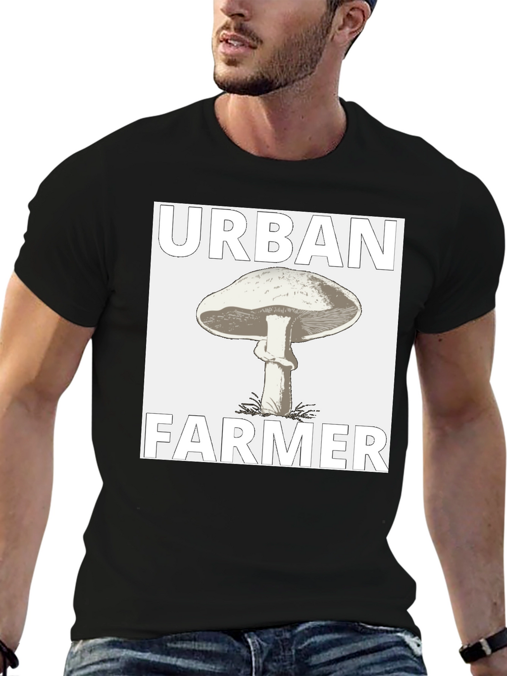Urban Farmer Mushroom Graphic Tee - Black Cotton Shirt