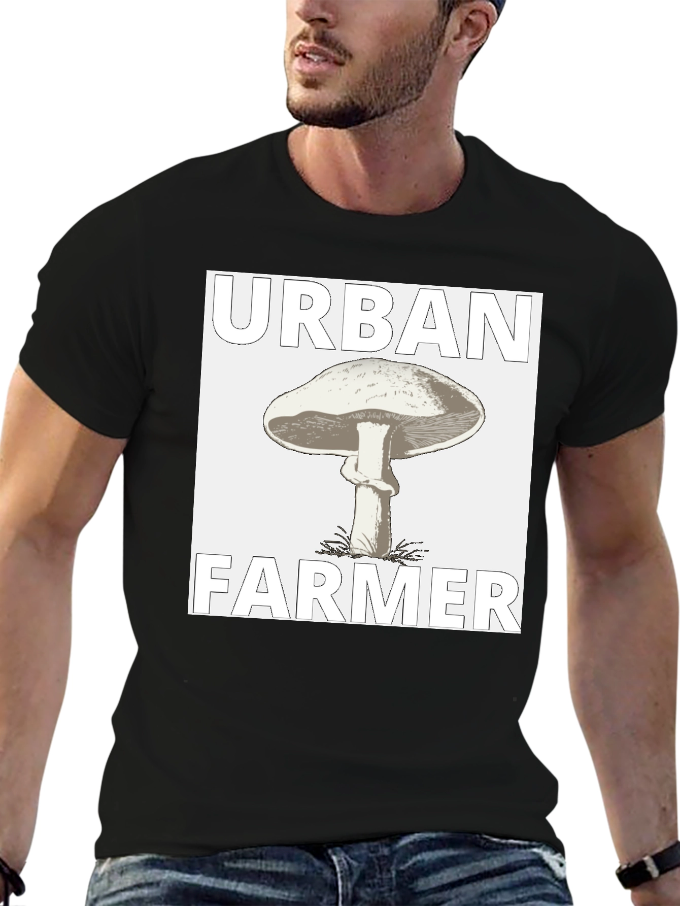 Urban Farmer Mushroom Graphic Tee - Black Cotton Shirt