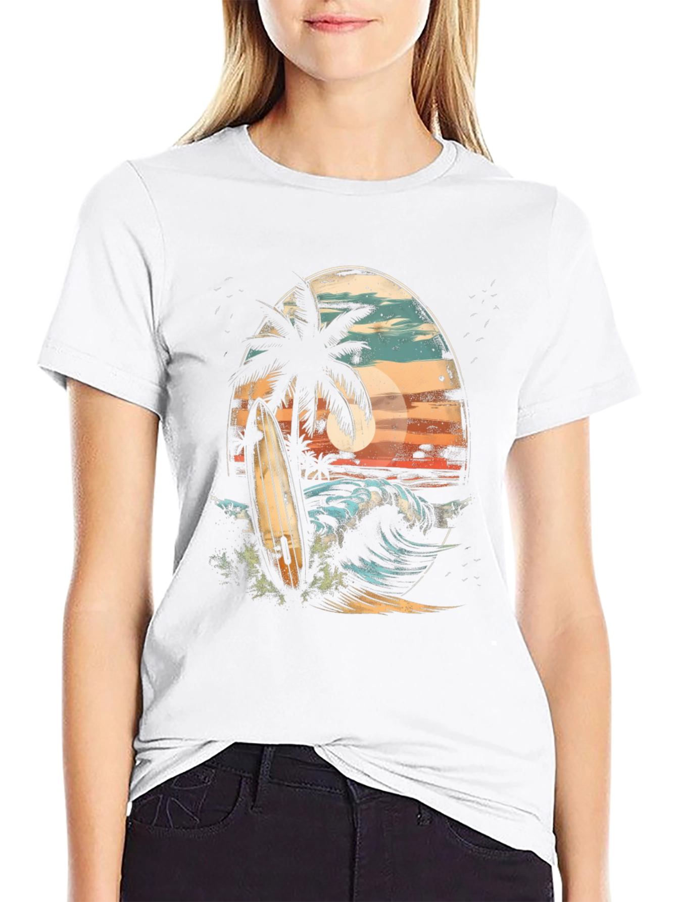 Surfboard Palm Tree Graphic Tee - Coastal Vibes T-Shirt