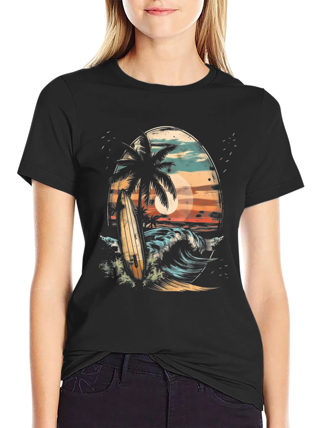Surfboard Palm Tree Graphic Tee - Coastal Vibes T-Shirt