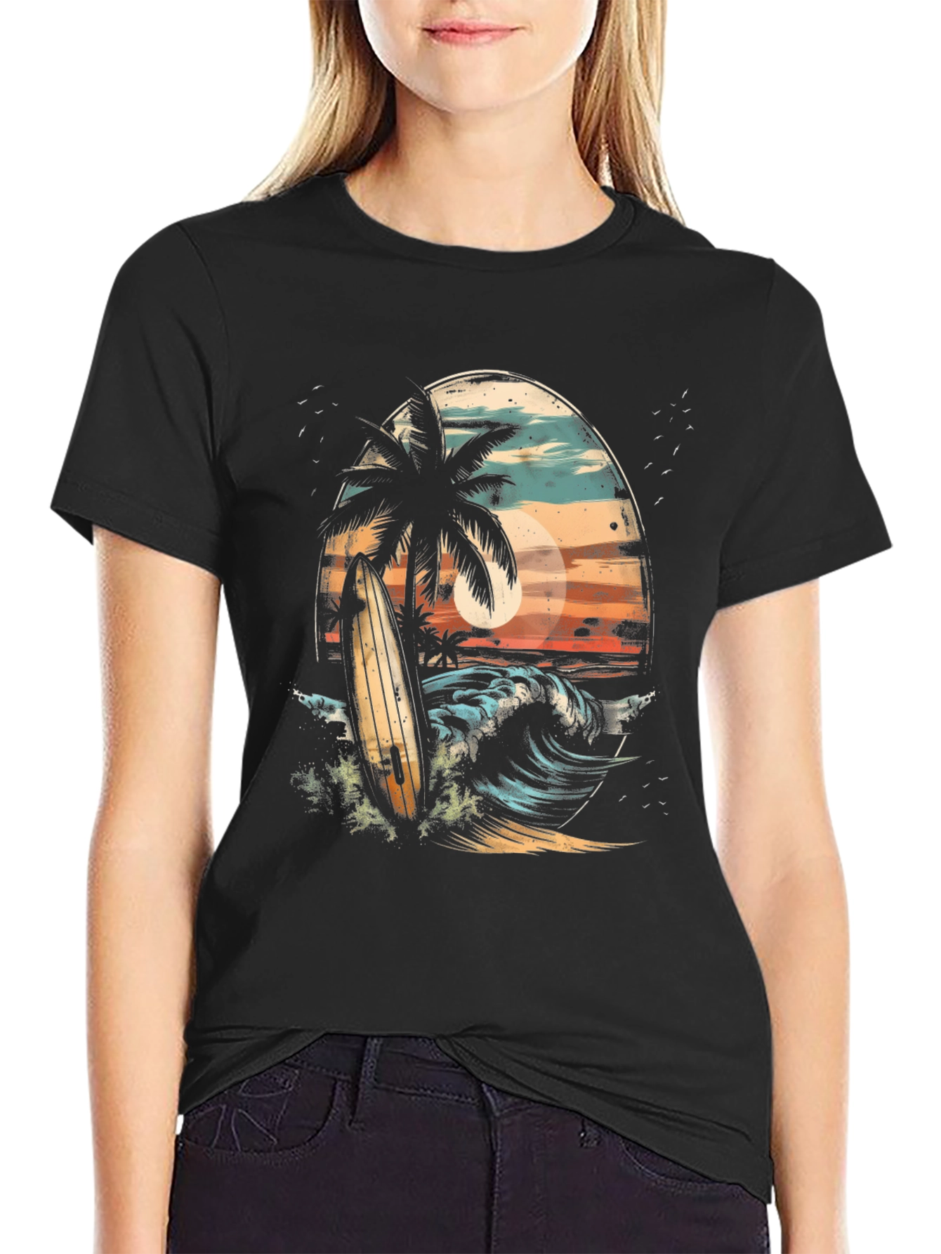 Surfboard Palm Tree Graphic Tee - Coastal Vibes T-Shirt