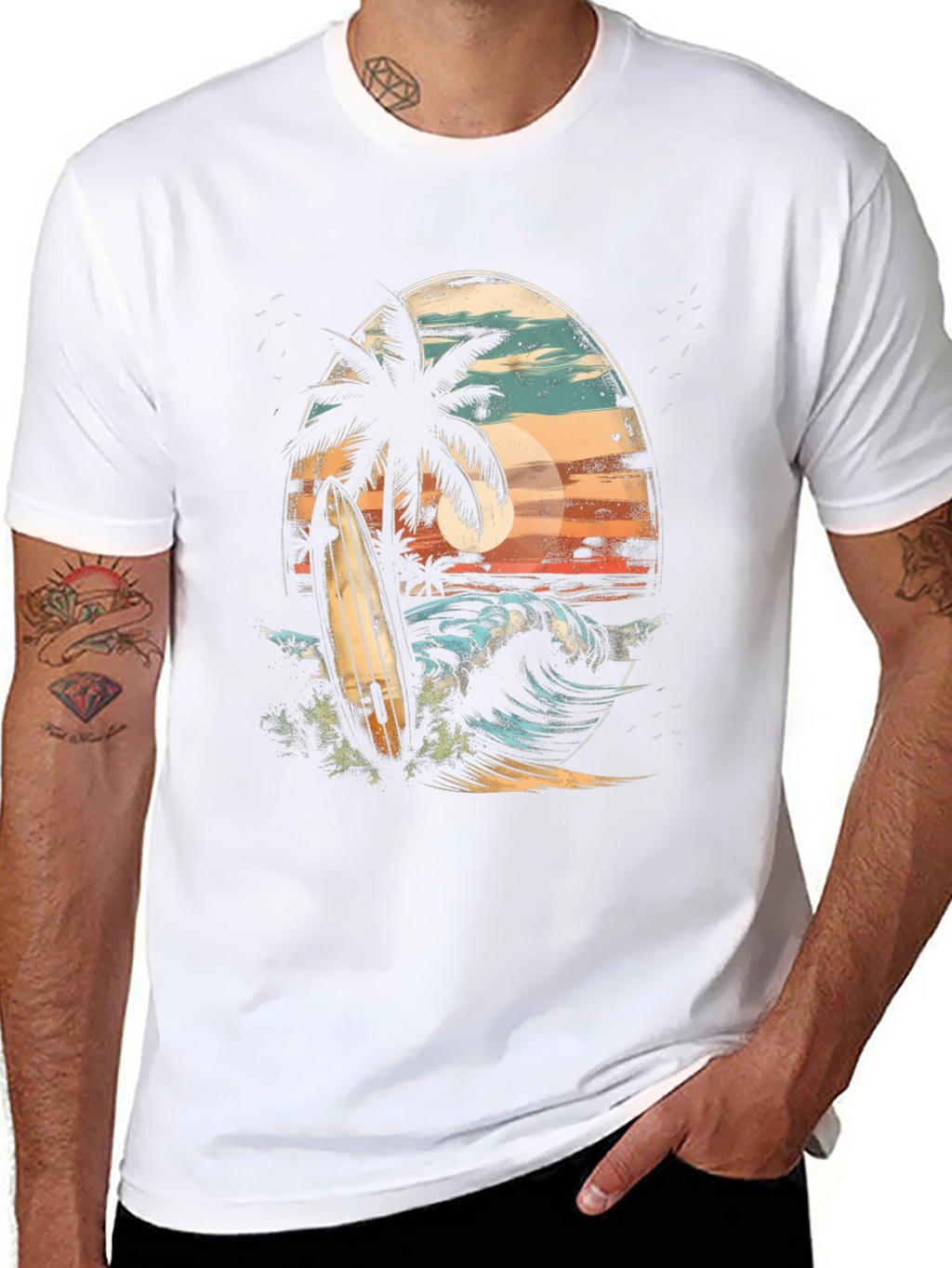 Surfboard Palm Tree Graphic Tee - Coastal Vibes T-Shirt