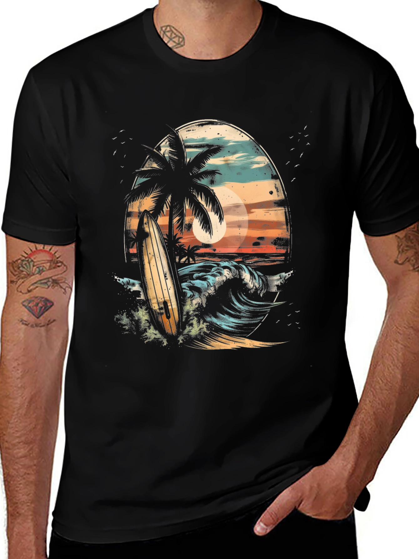 Surfboard Palm Tree Graphic Tee - Coastal Vibes T-Shirt