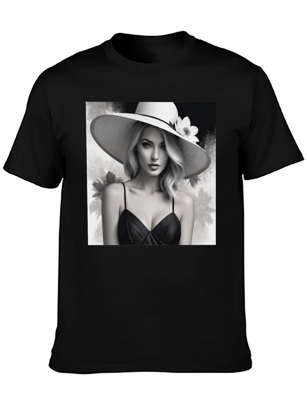 Elegant Woman in Hat Black T-Shirt