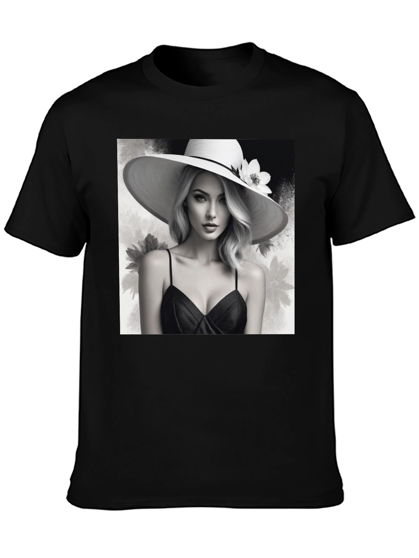 Elegant Woman in Hat Black T-Shirt