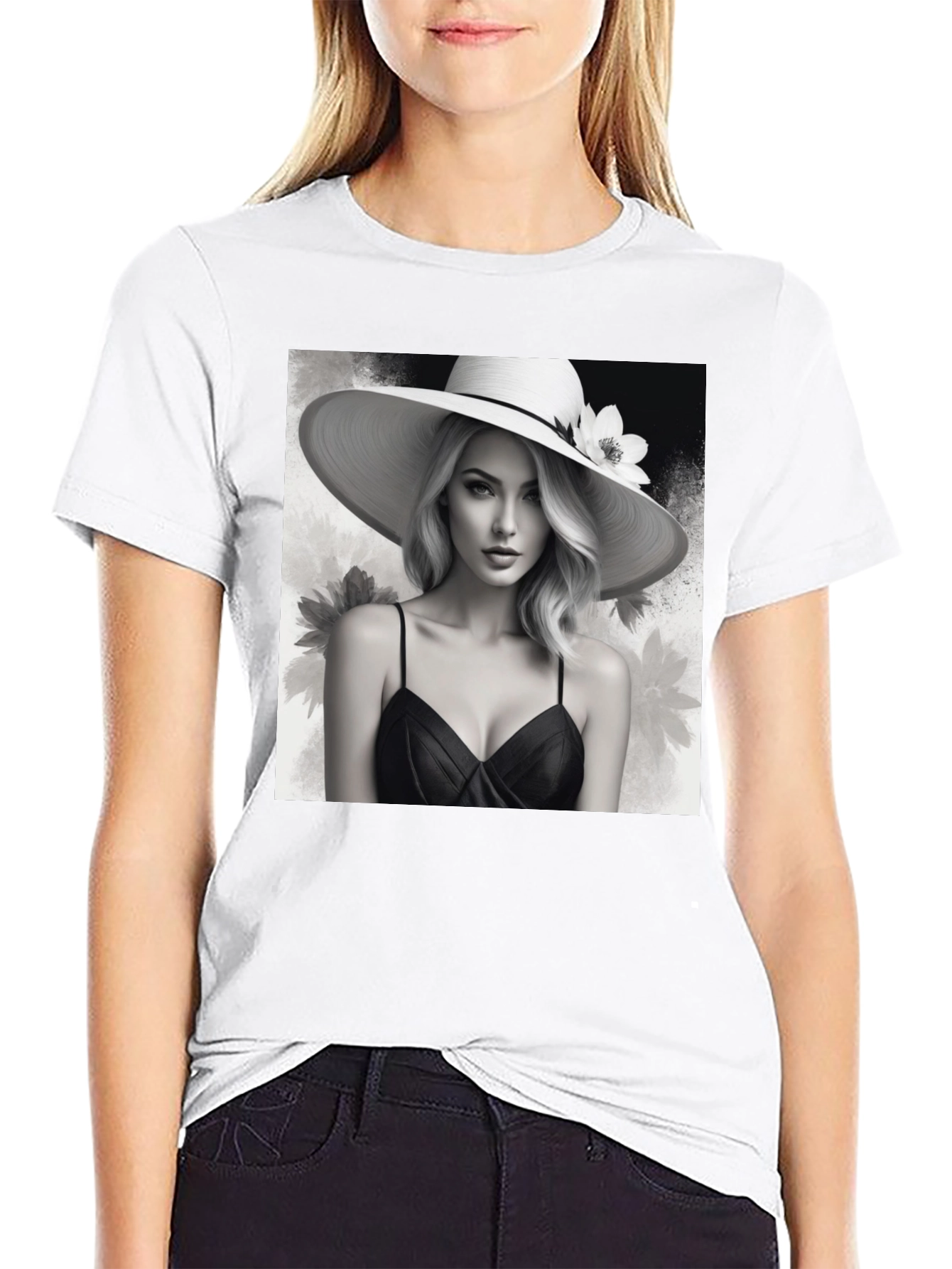 Elegant Woman in Hat Black T-Shirt