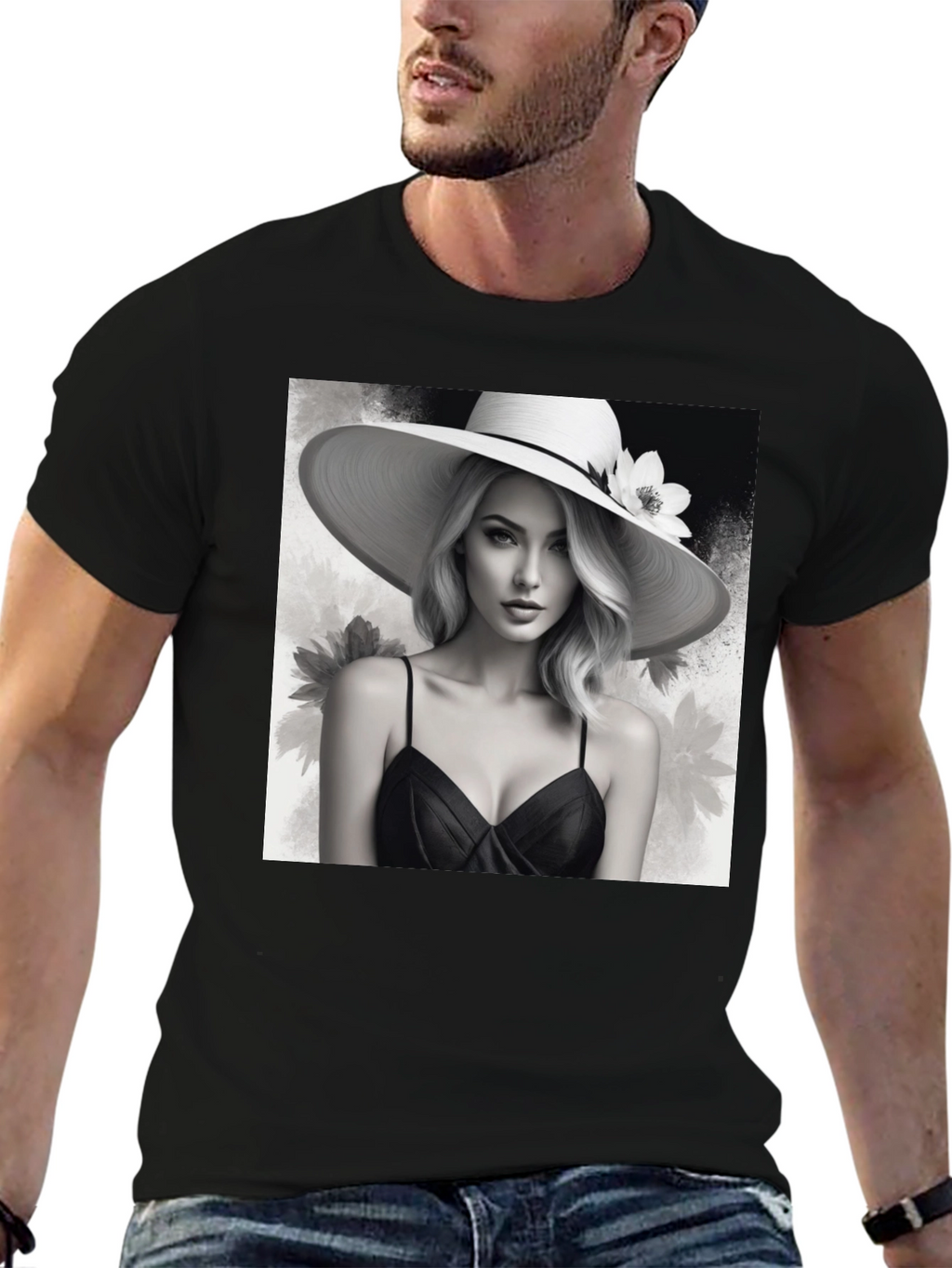 Elegant Woman in Hat Black T-Shirt