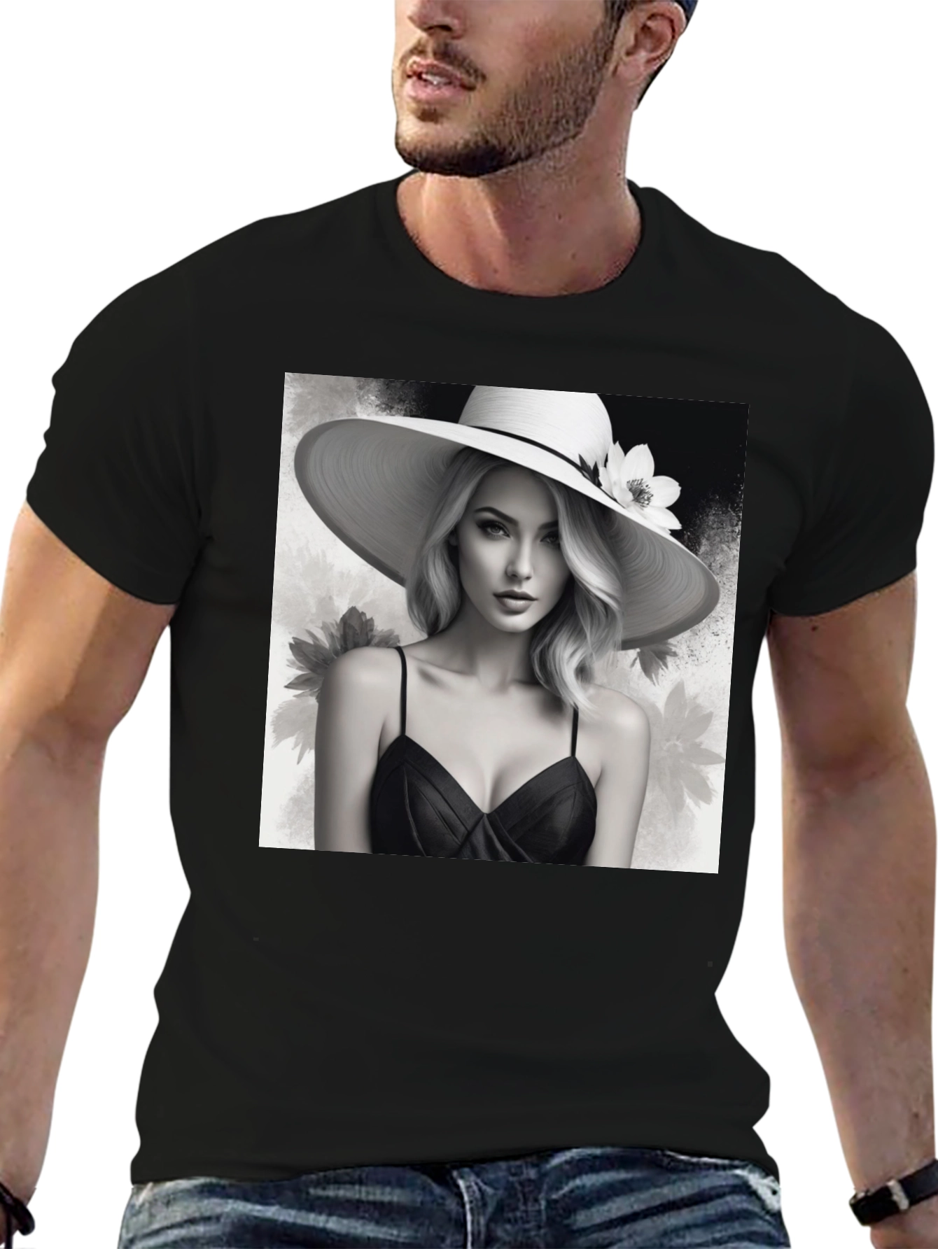 Elegant Woman in Hat Black T-Shirt