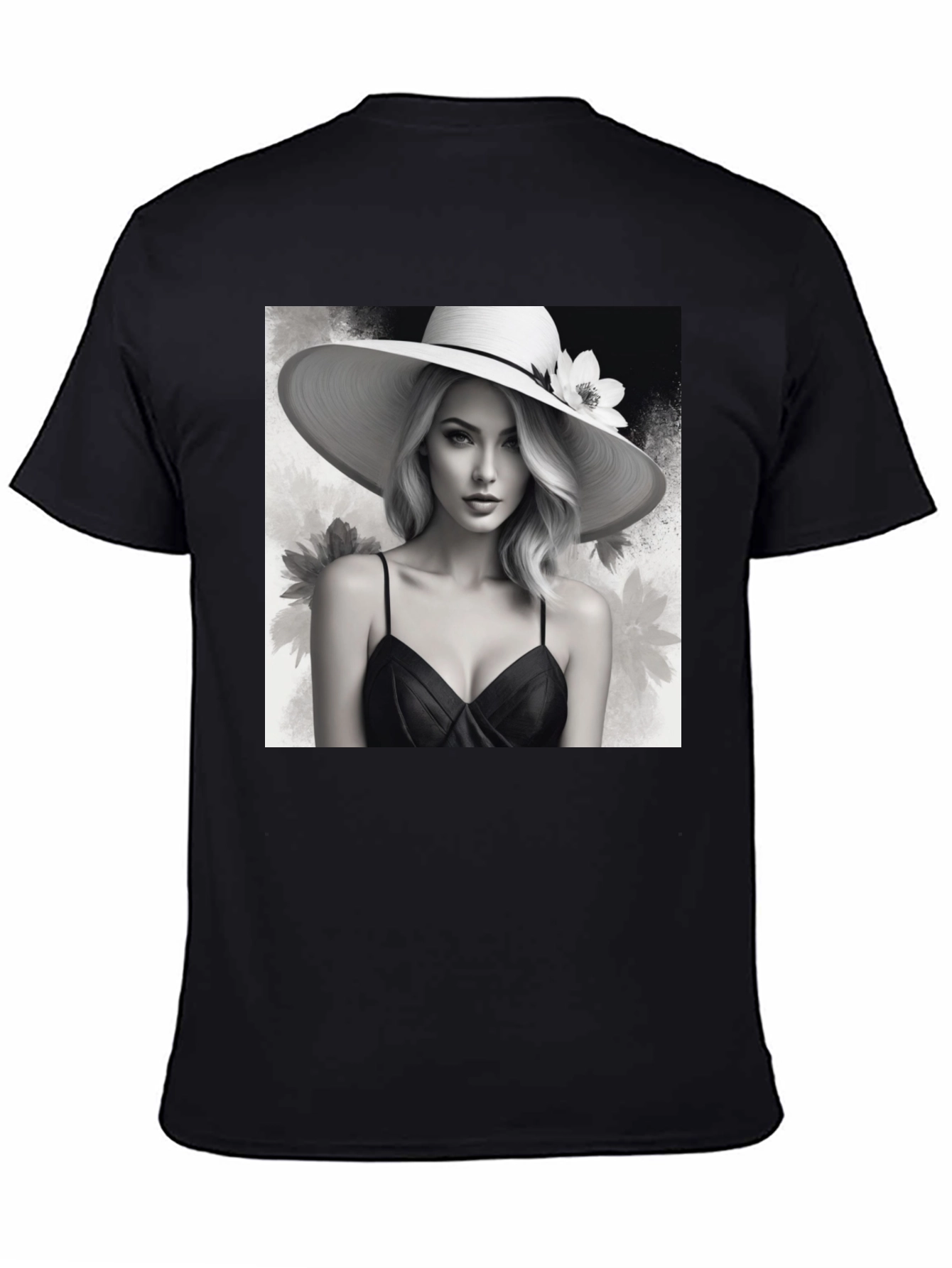 Elegant Woman in Hat Black T-Shirt