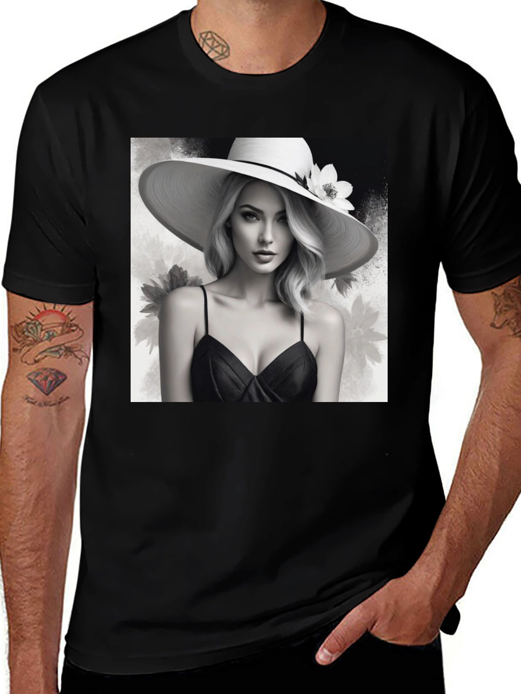 Elegant Woman in Hat Black T-Shirt