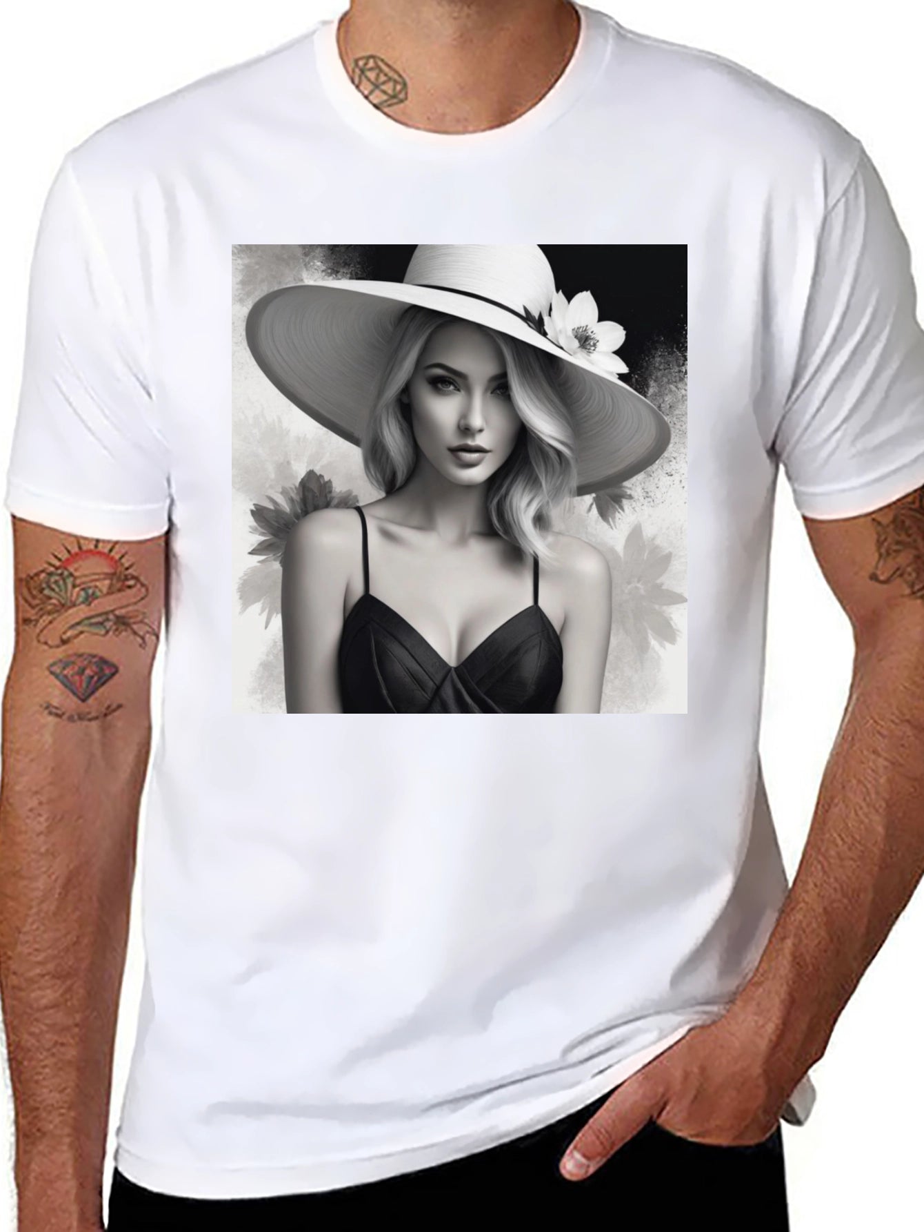 Elegant Woman in Hat Black T-Shirt