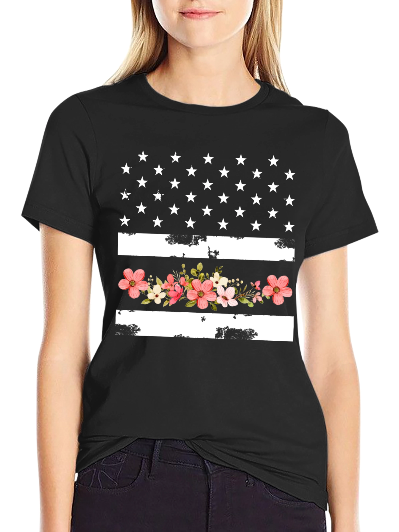 Floral American Flag Graphic T-Shirt