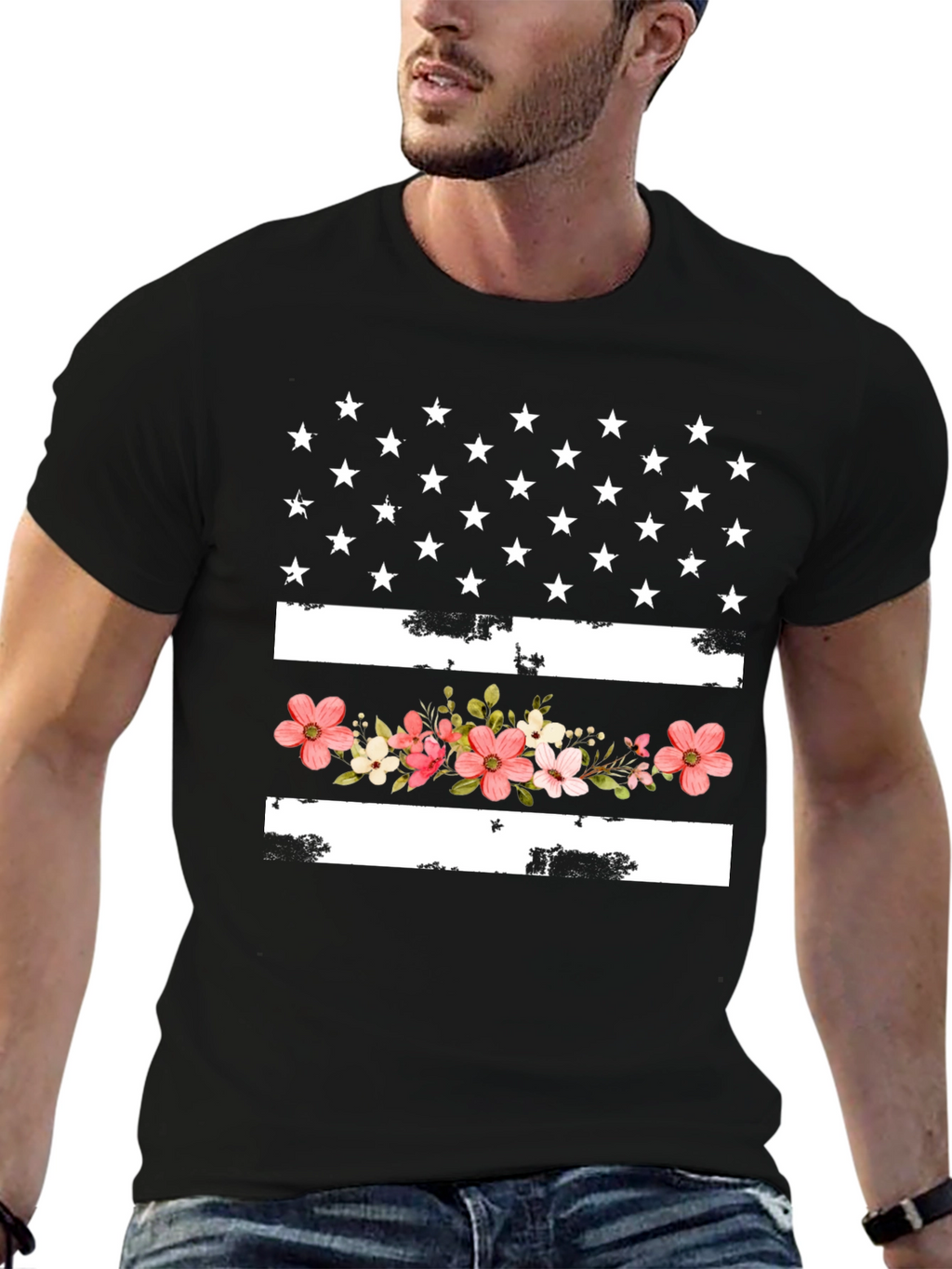 Floral American Flag Graphic T-Shirt