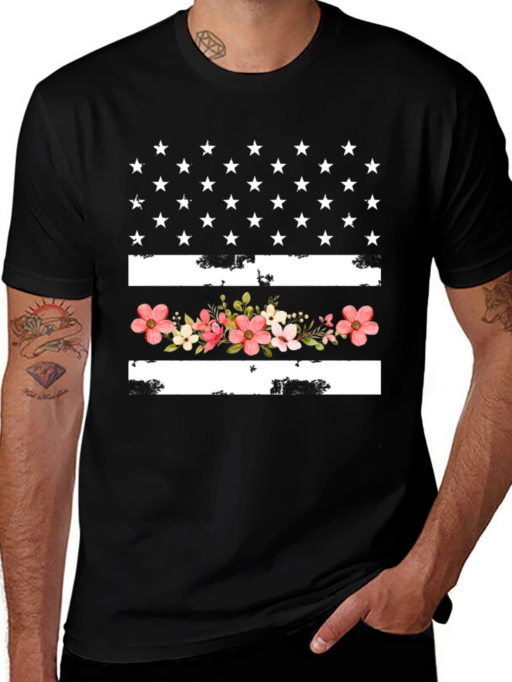 Floral American Flag Graphic T-Shirt