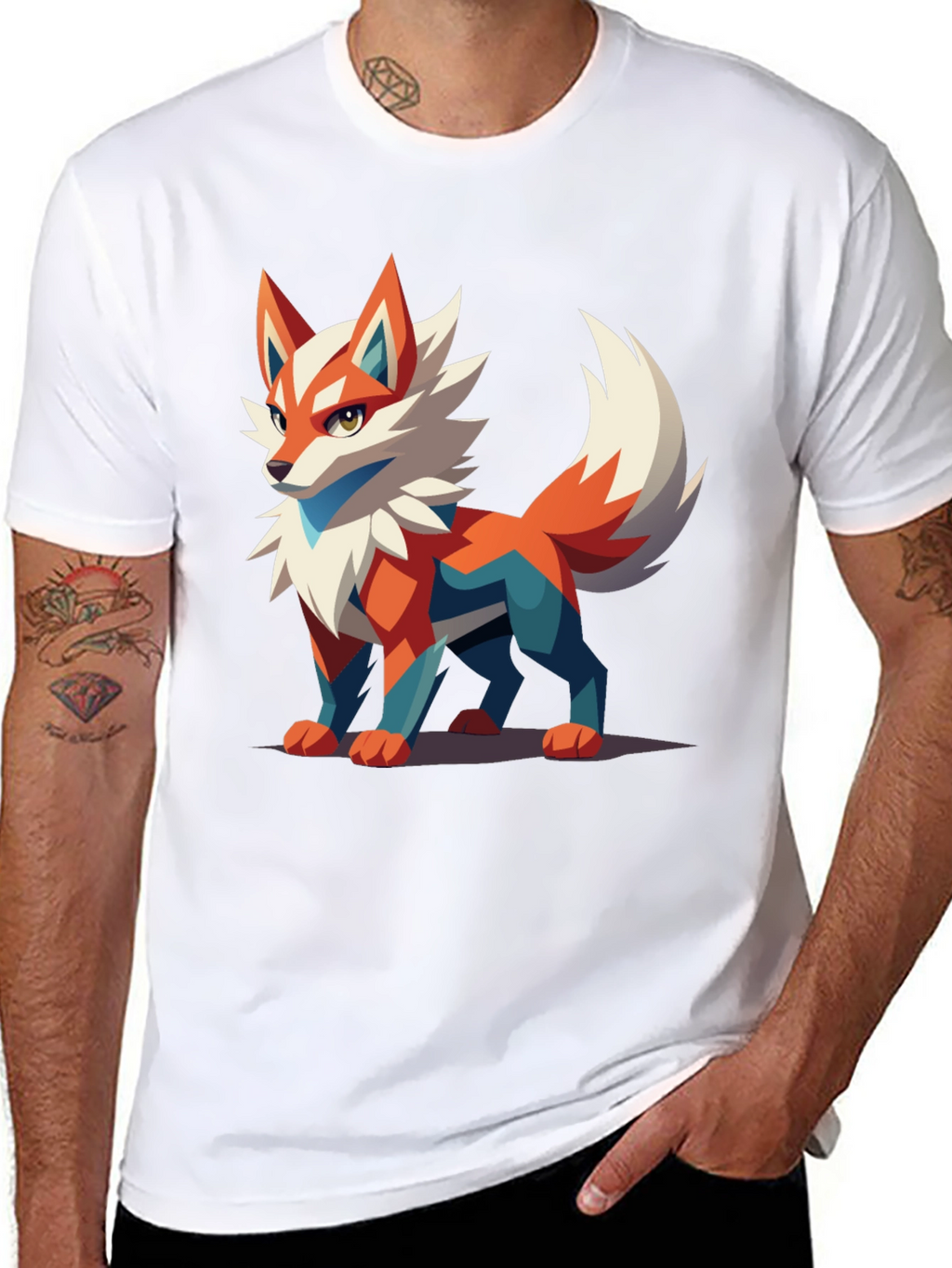 Mens Black T-Shirt with Geometric Fox Graphic