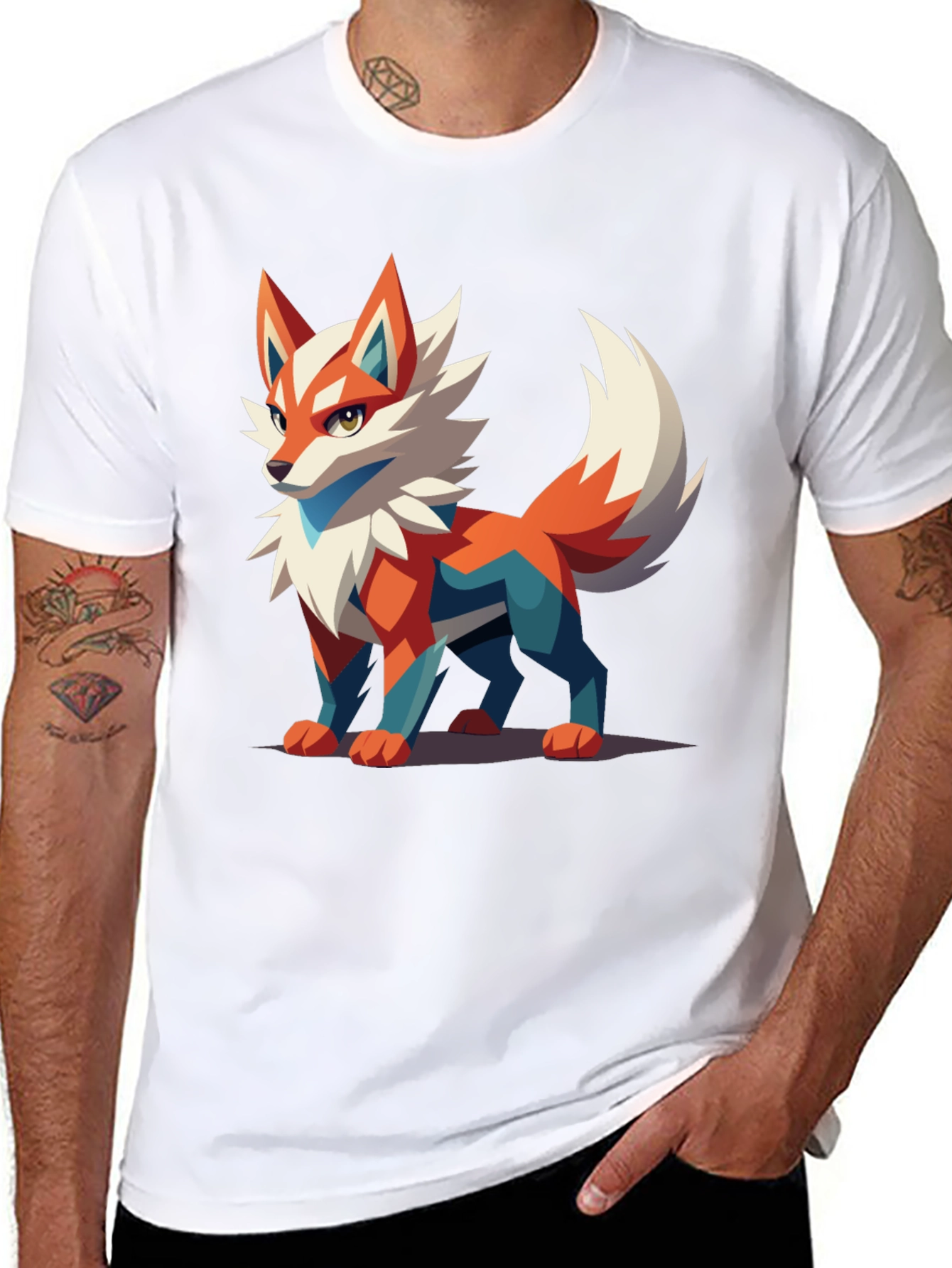 Mens Black T-Shirt with Geometric Fox Graphic