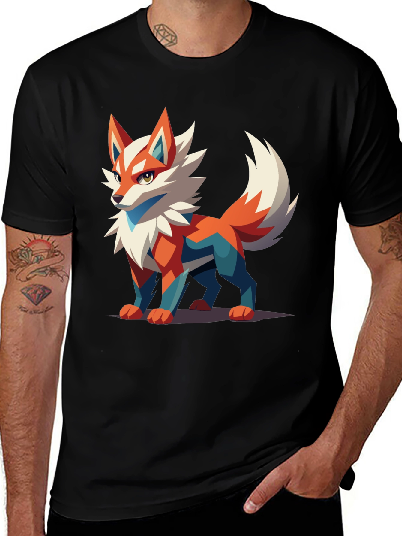 Mens Black T-Shirt with Geometric Fox Graphic