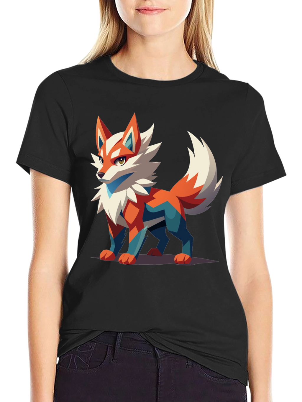 Mens Black T-Shirt with Geometric Fox Graphic