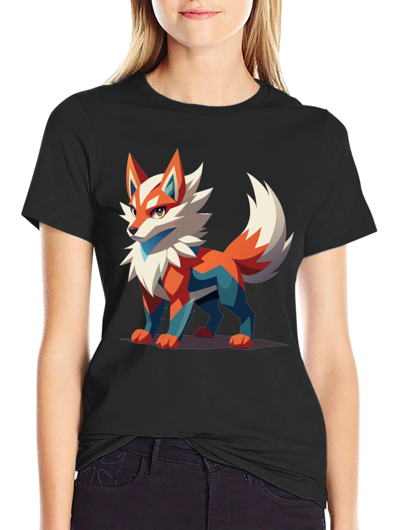 Mens Black T-Shirt with Geometric Fox Graphic