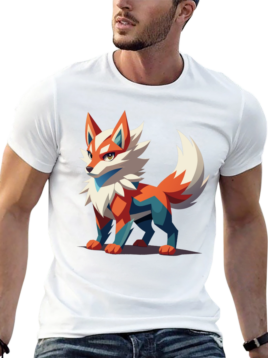 Mens Black T-Shirt with Geometric Fox Graphic