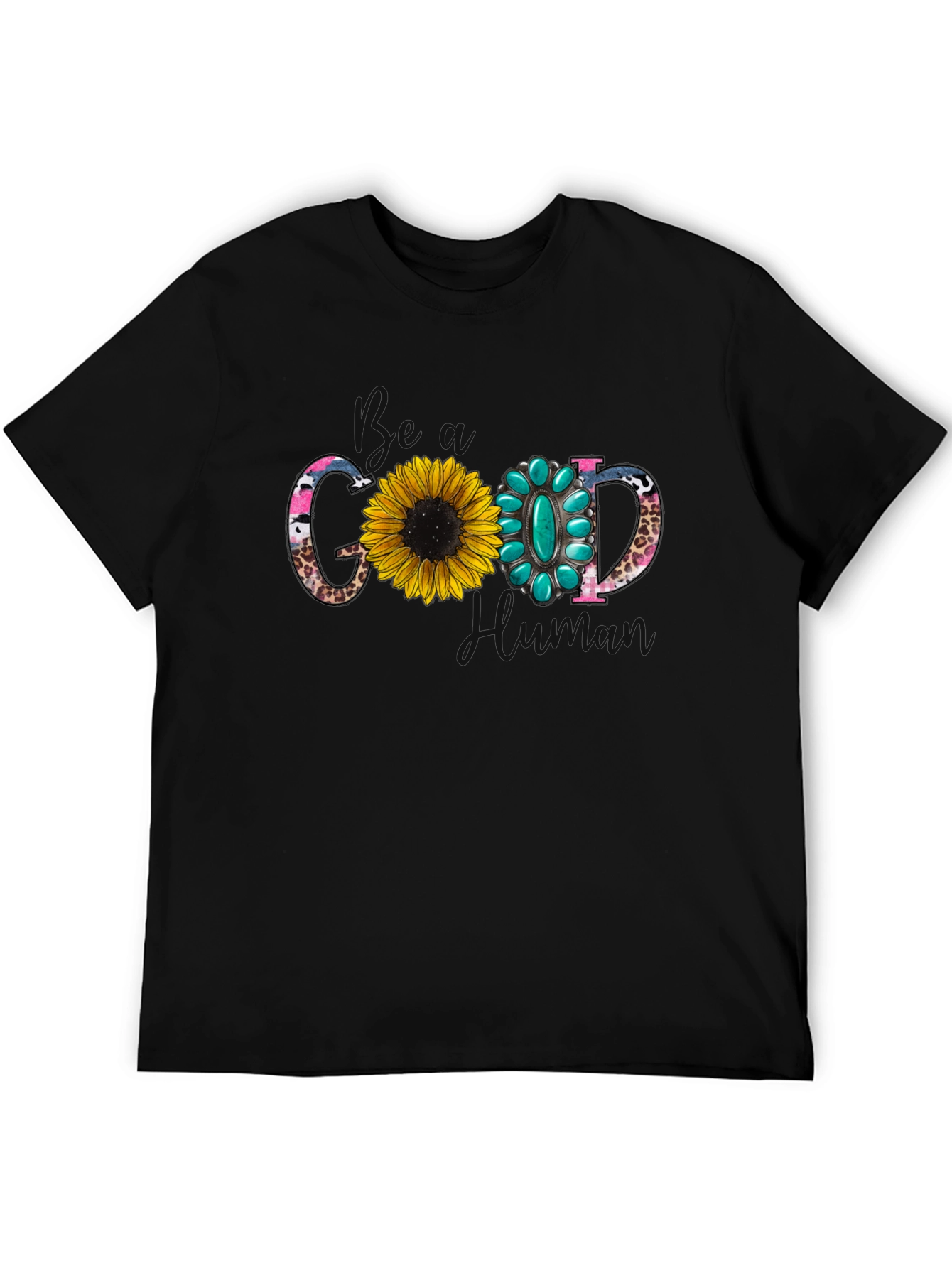 Good Human T-Shirt with Sunflower and Turquoise Design