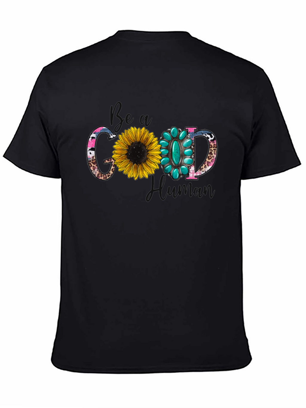 Good Human T-Shirt with Sunflower and Turquoise Design
