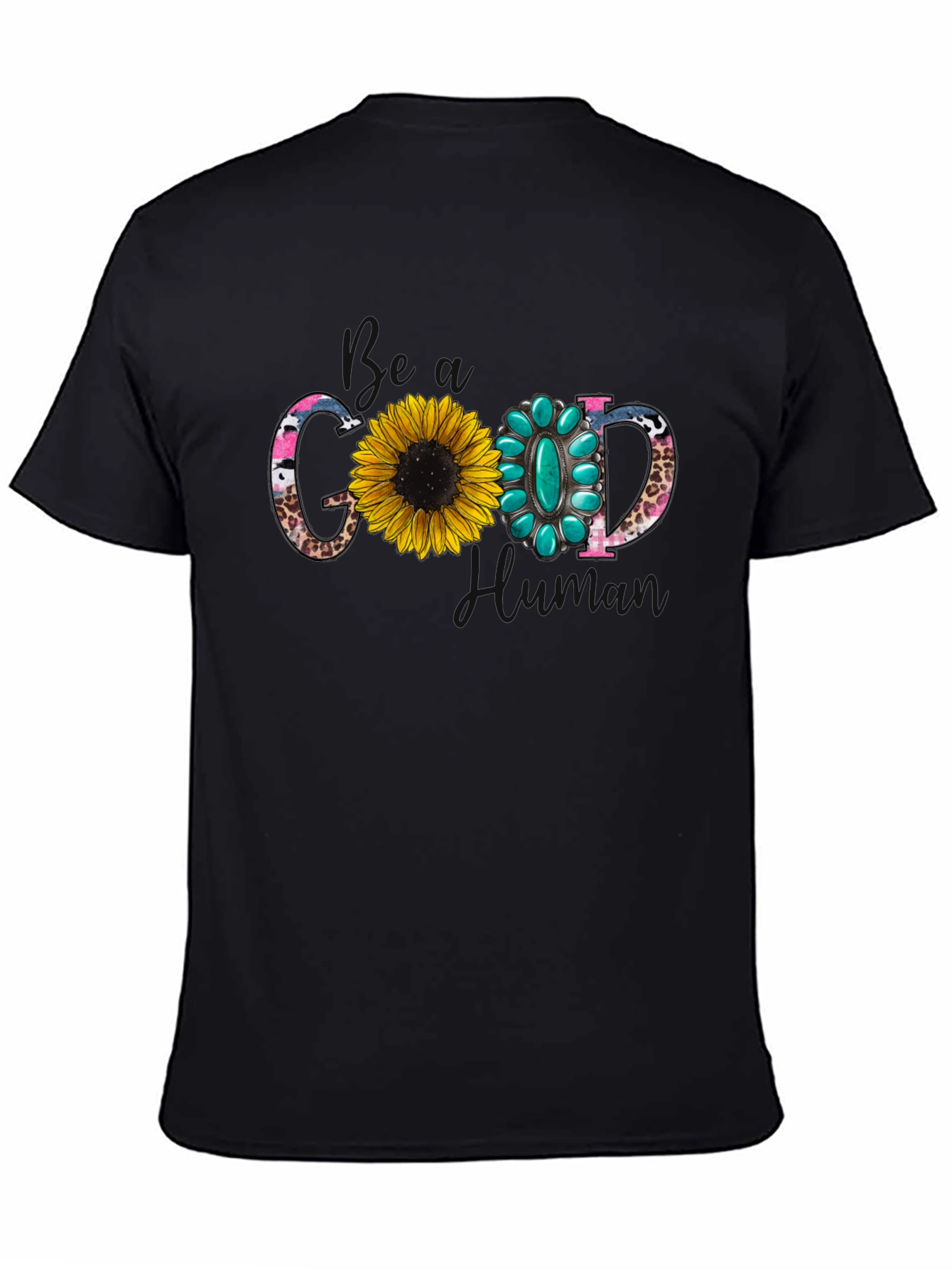 Good Human T-Shirt with Sunflower and Turquoise Design