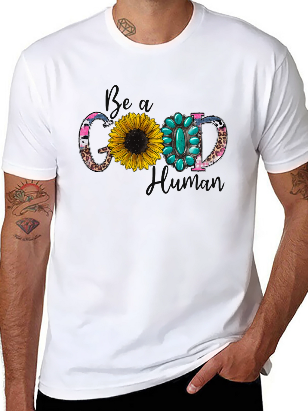 Good Human T-Shirt with Sunflower and Turquoise Design