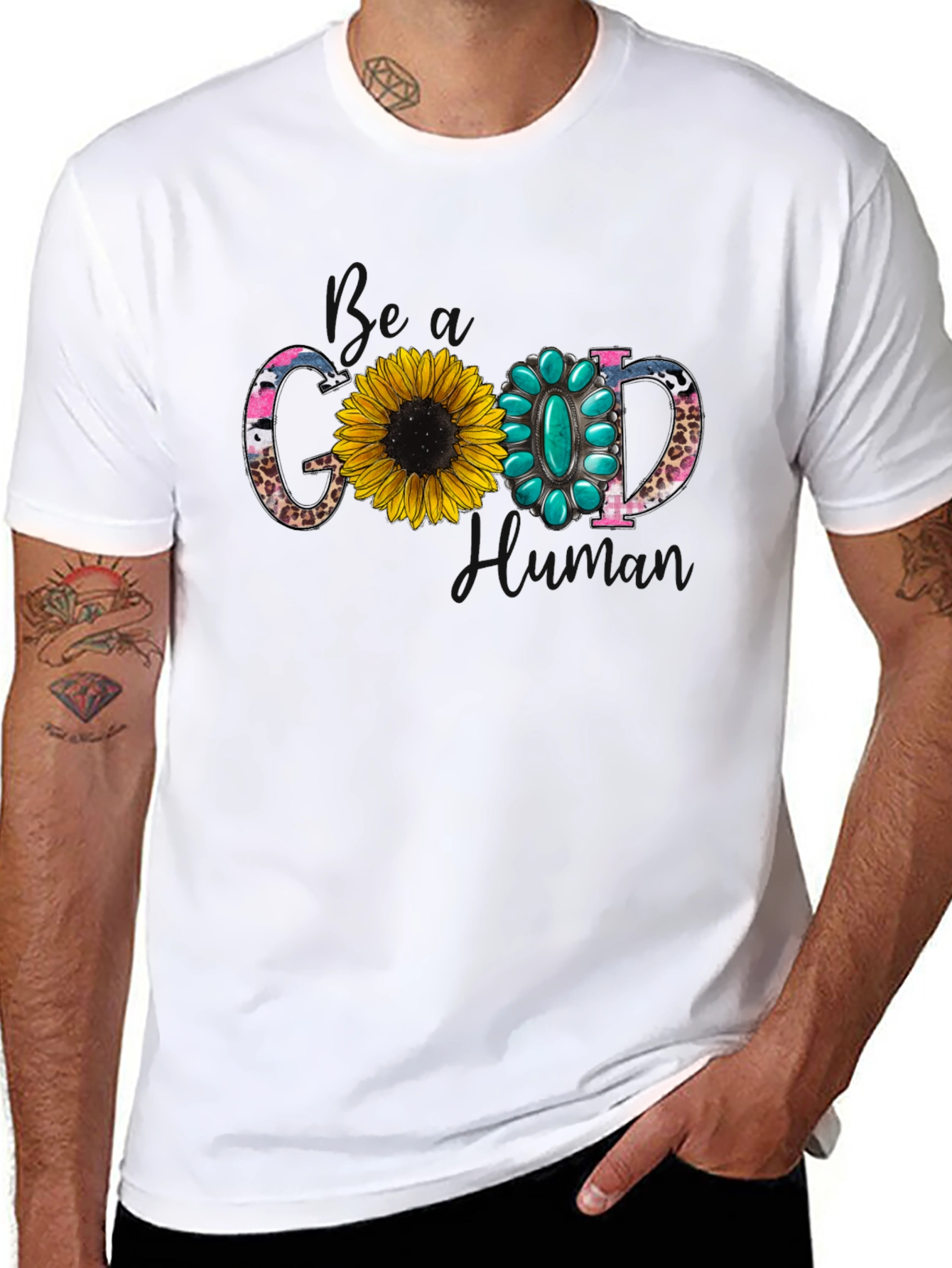 Good Human T-Shirt with Sunflower and Turquoise Design