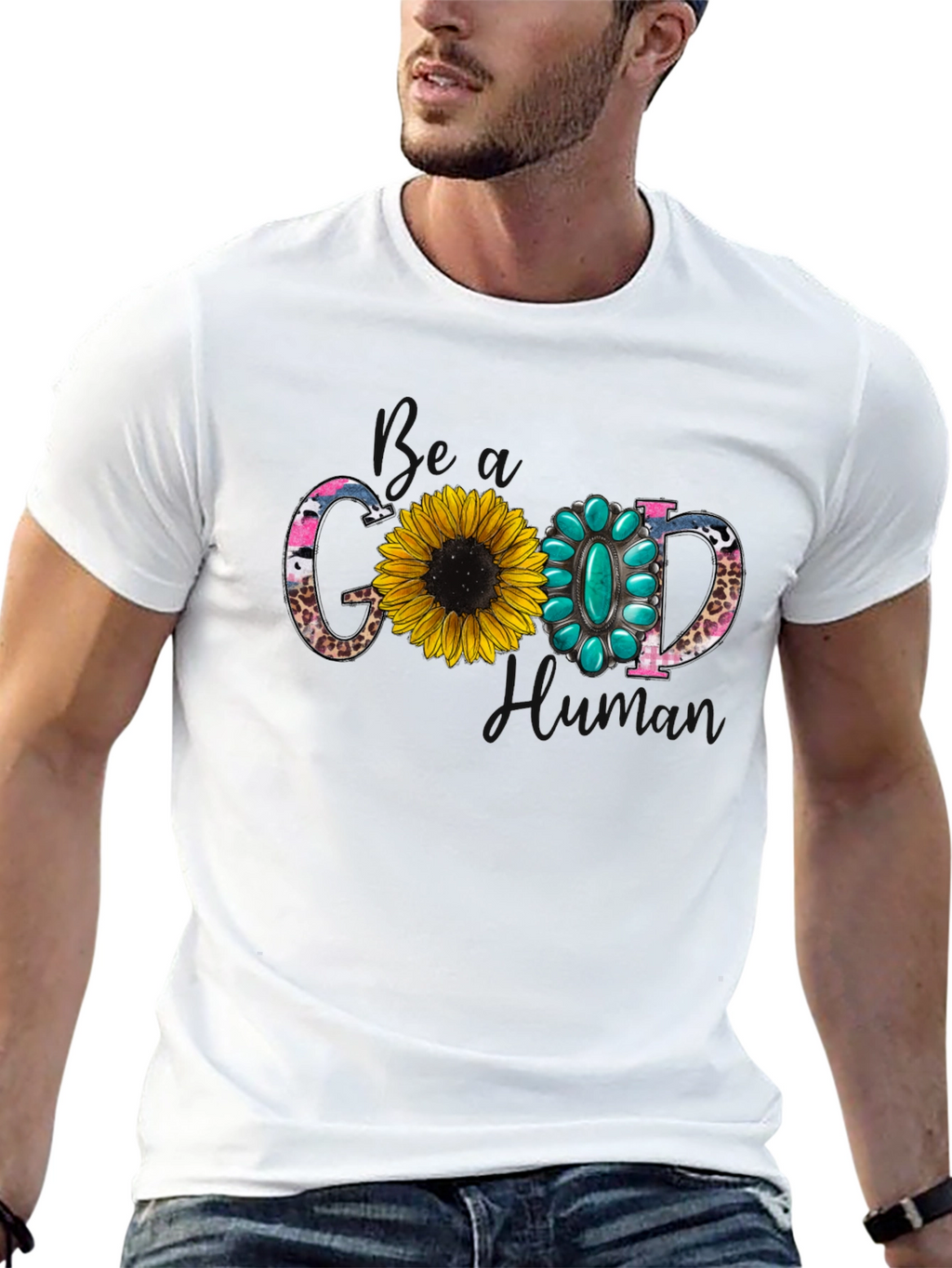 Good Human T-Shirt with Sunflower and Turquoise Design