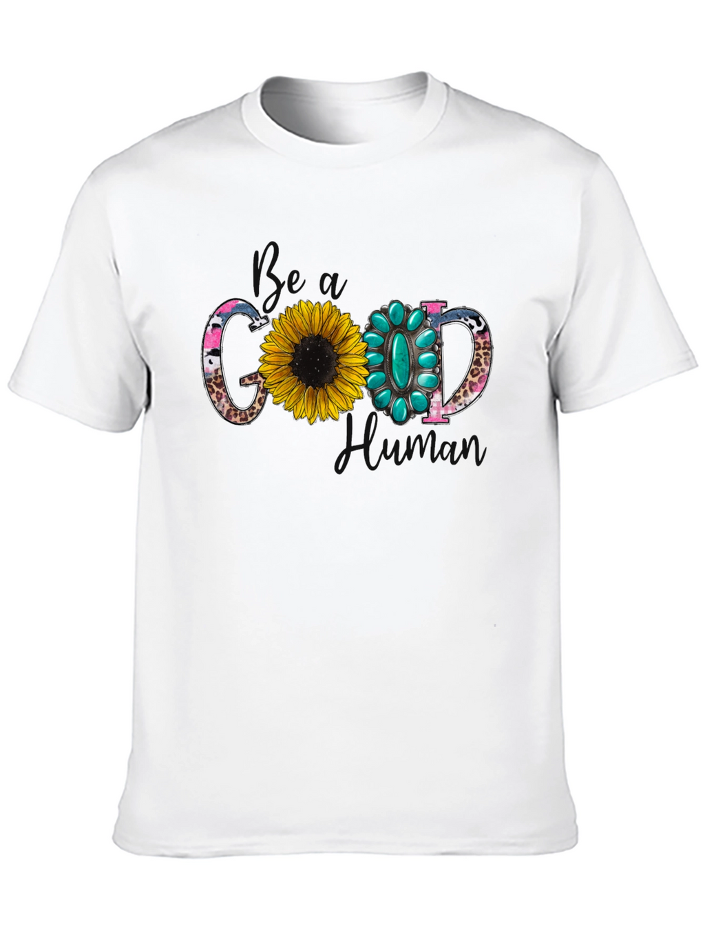 Good Human T-Shirt with Sunflower and Turquoise Design