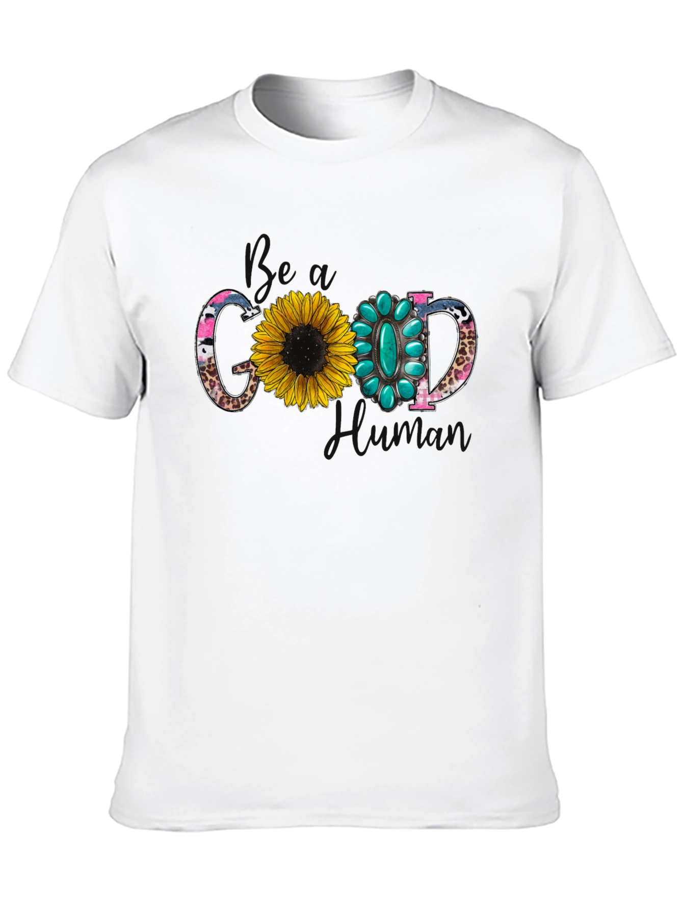 Good Human T-Shirt with Sunflower and Turquoise Design