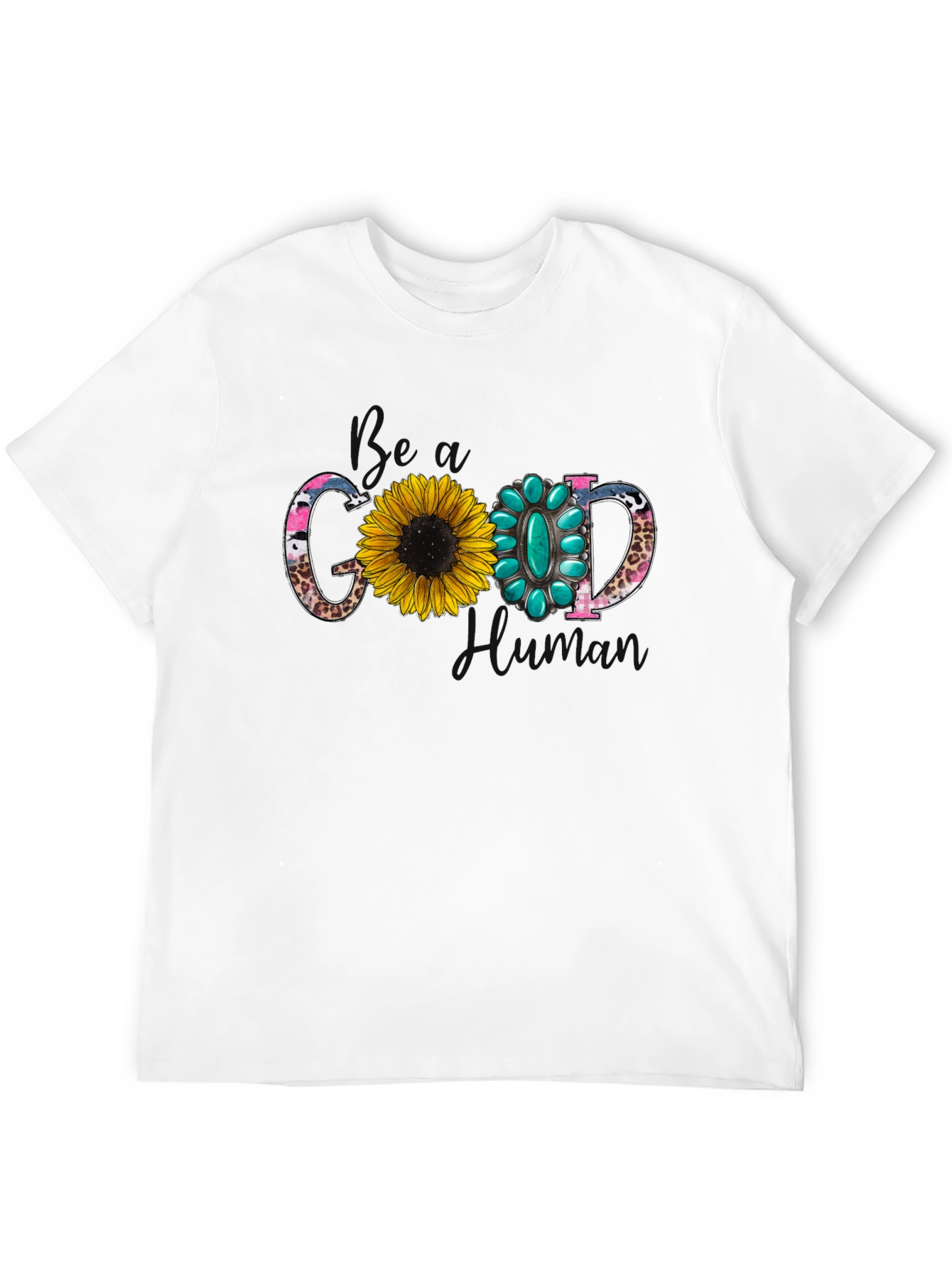 Good Human T-Shirt with Sunflower and Turquoise Design