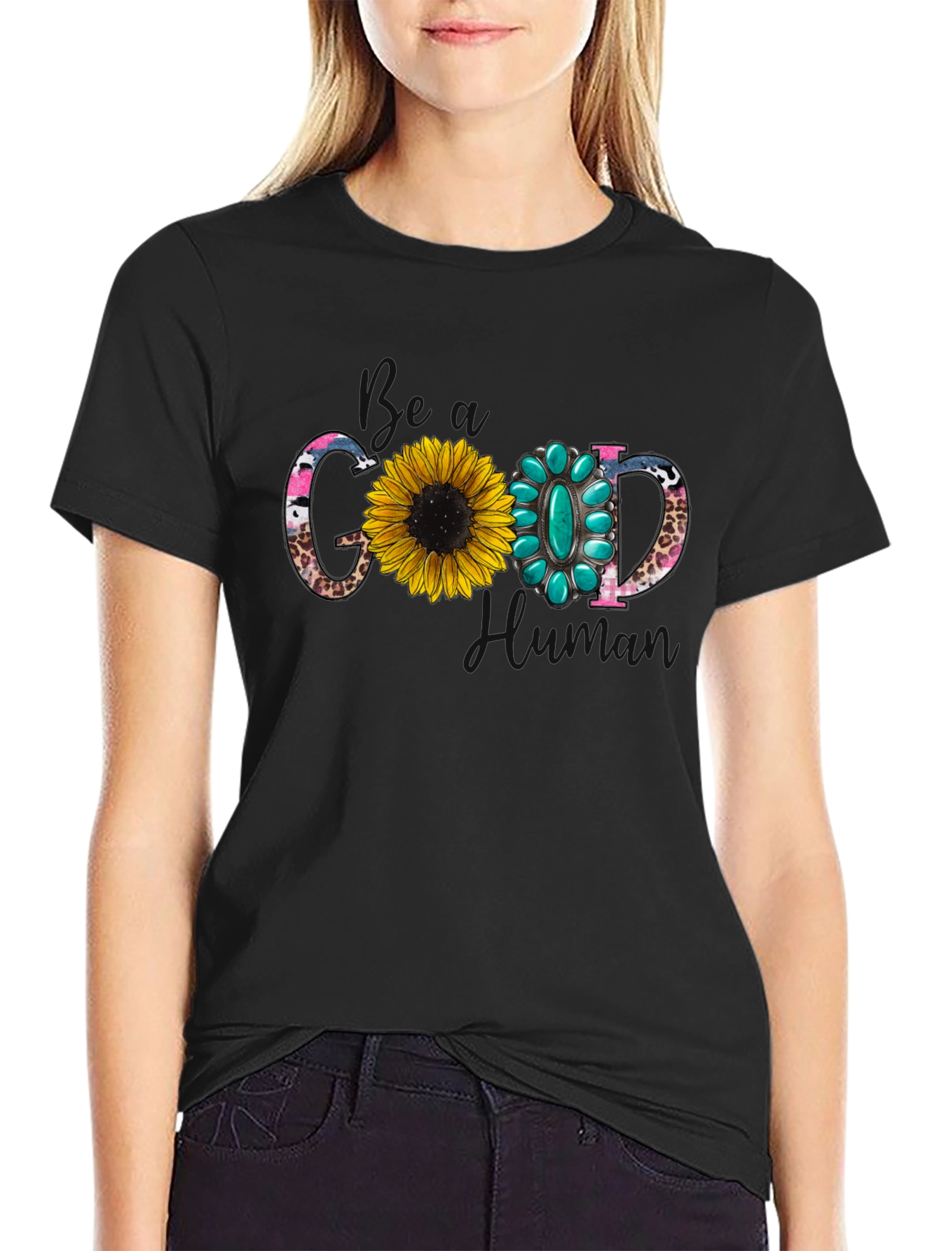 Good Human T-Shirt with Sunflower and Turquoise Design