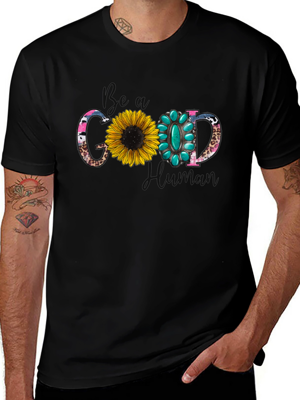 Good Human T-Shirt with Sunflower and Turquoise Design